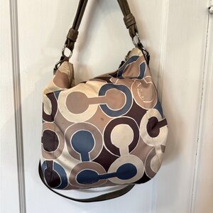 COACH Signature Satin Monogram Hobo Brown Blue Shoulder Purse #H1076-16494.